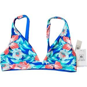 NWT Hurley Reversible MIA Flores Halter Bikini Top Solid Blue /Floral Size Large